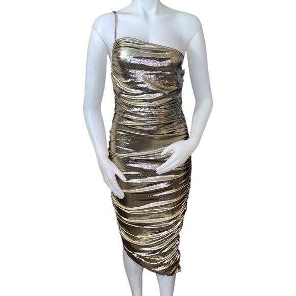 Blanc Dresses & Skirts - Blanc Metallic Gold Ruched One Shoulder Dress Womens SIze L
